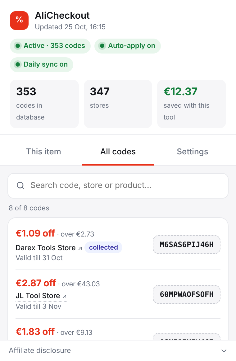 The All codes tab in the popup: a searchable list of collected store coupon codes with store names, discounts, minimum order values and valid-till dates