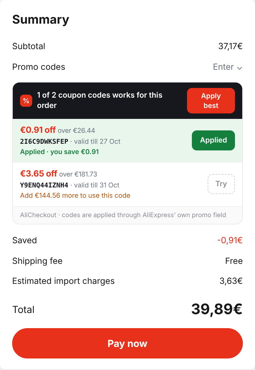 The AliCheckout coupon panel in AliExpress checkout listing store codes with discount, minimum order, code and valid-till date, with Apply and Apply best buttons