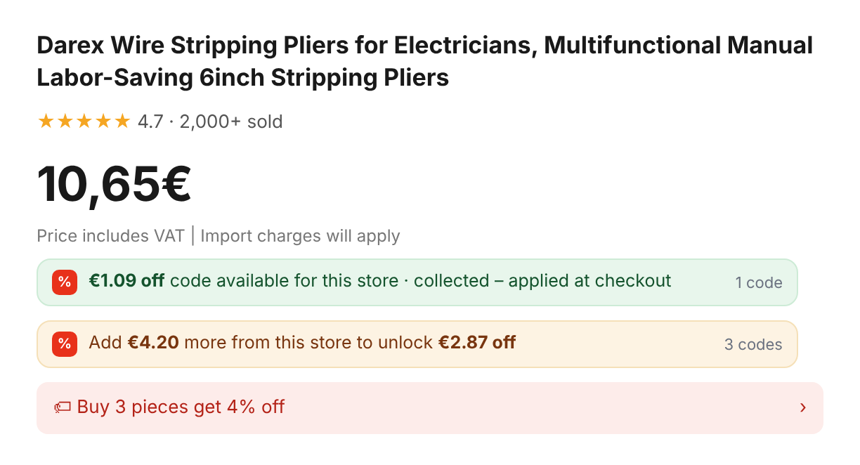 A one-line hint under an AliExpress product price reading: €1.09 off code available for this store – applied at checkout